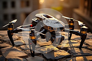 Image of quadcopter. Drone is on the ground on the field at sunset.