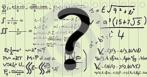 Image of question mark and mathematical equations on white background