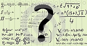 Image of question mark and mathematical equations on white background