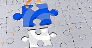 Image of question marks and blue puzzle over white puzzle background