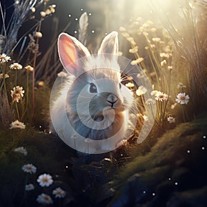 Image of rabbit with beautiful flowers. Wildlife Animals. Illustration, Generative AI