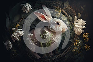 Image of rabbit with beautiful flowers. Wildlife Animals. Illustration, Generative AI