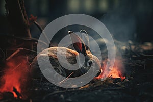 Image of rabbit exhausted in the midst of wildfires and smoke. Wildlife Animals. Illustration. Generative AI