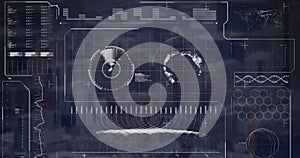 Image of radar, globe, loading bars over modern city in background