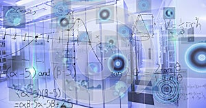 Image of radars, infographic interface and mathematical equations over server room