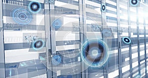 Image of radars, infographic interface and mathematical equations over server room