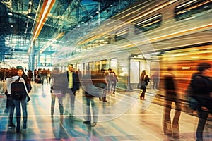 image of railway station with blurred traffic of people