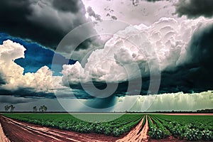 Image of rain laden clouds arriving over a large soy plantation