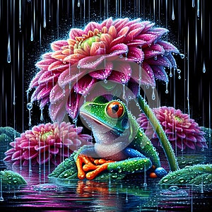 image of the raining scenery where frogs are under a flower soaking wet in a crystal style art.