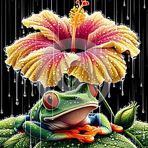 image of the raining scenery where frogs are under a flower soaking wet in a crystal style art.