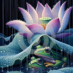 image of the raining scenery where frogs are under a flower soaking wet in a crystal style art.