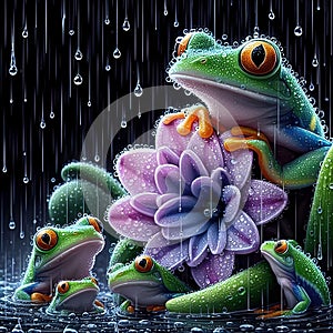 image of the raining scenery where frogs are under a flower soaking wet in a crystal style art.