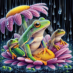 image of the raining scenery where frogs are under a flower soaking wet in a crystal style art.