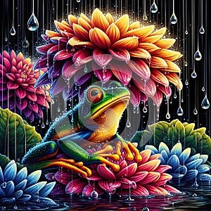 image of the raining scenery where frogs are under a flower soaking wet in a crystal style art.