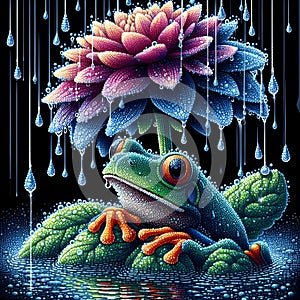 image of the raining scenery where frogs are under a flower soaking wet in a crystal style art.