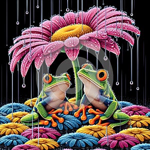 image of the raining scenery where frogs are under a flower soaking wet in a crystal style art.