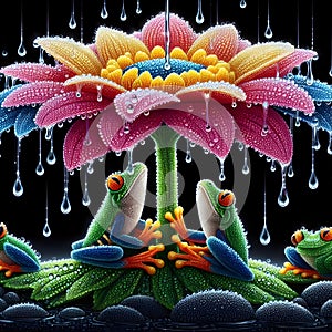 image of the raining scenery where frogs are under a flower soaking wet in a crystal style art.