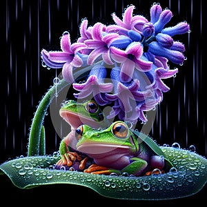 image of the raining scenery where frogs are under a flower soaking wet in a crystal style art.