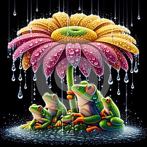 image of the raining scenery where frogs are under a flower soaking wet in a crystal style art.