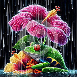 image of the raining scenery where frogs are under a flower soaking wet in a crystal style art.