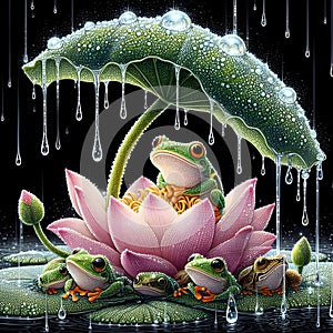 image of the raining scenery where frogs are under a flower soaking wet in a crystal style art.