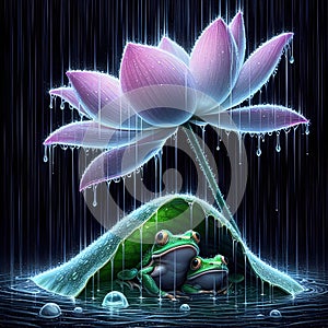 image of the raining scenery where frogs are under a flower soaking wet in a crystal style art.