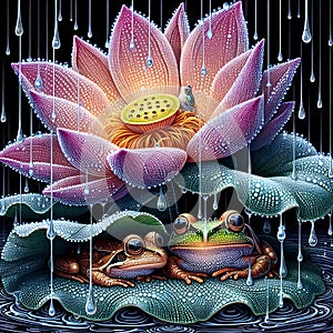 image of the raining scenery where frogs are under a flower soaking wet in a crystal style art.