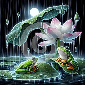 image of the raining scenery where frogs are under a flower soaking wet in a crystal style art.