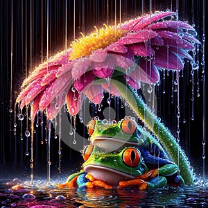 image of the raining scenery where frogs are under a flower soaking wet in a crystal style art.