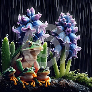 image of the raining scenery where frogs are under a flower soaking wet in a crystal style art.