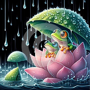 image of the raining scenery where frogs are under a flower soaking wet in a crystal style art.