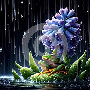 image of the raining scenery where frogs are under a flower soaking wet in a crystal style art.