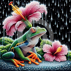 image of the raining scenery where frogs are under a flower soaking wet in a crystal style art.