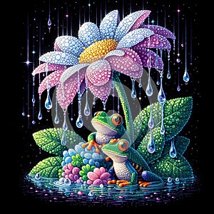 image of the raining scenery where frogs are under a flower soaking wet in a crystal style art.