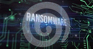 Image of ransomware text over circuit board pattern and changing numbers in circles