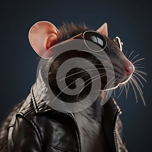 Image of a rat wore a leather jacket and wore sunglasses on clean background. Wildlife Animals. Illustration, Generative AI