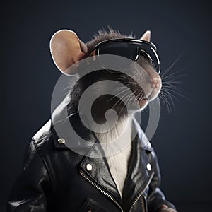 Image of a rat wore a leather jacket and wore sunglasses on clean background. Wildlife Animals. Illustration, Generative AI