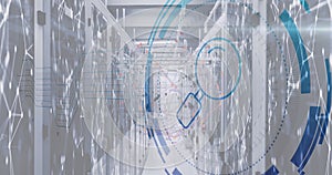 Image of reading glass icon over data processing and server room