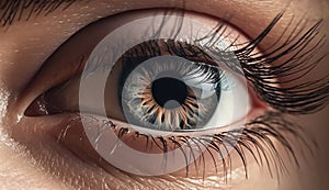 Image of a realistic eye of a young woman looking directly at the camera. Concept of good vision, eye treatment and
