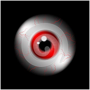 Image of realistic human eye ball with red pupil, iris. Vector illustration on black background.