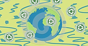 Image of recycling signs over earth globe and green and blue background