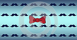 Image of red bowties over repeated moustaches on blue background