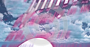 Image of red charts and data processing over cloudy blue sky