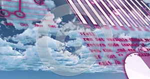 Image of red charts and data processing over cloudy blue sky