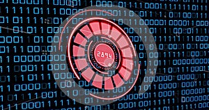 Image of red circle with numbers over binary code