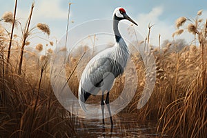 Image of red-crowned crane in wetland meadows on a natural background. Birds., Wildlife Animals