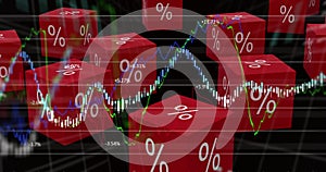 Image of red cubes with per cent sign over graphs and statistics photo
