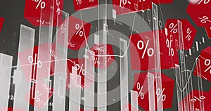 Image of red cubes with per cent sign over graphs and statistics photo