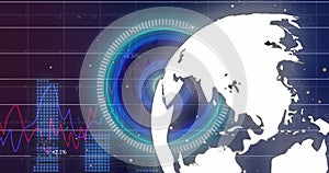 Image of red line and data processing over globe and grid