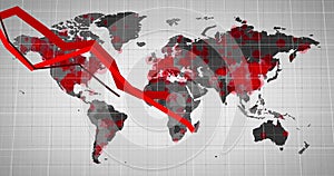 Image of red lines and digital data processing over world map